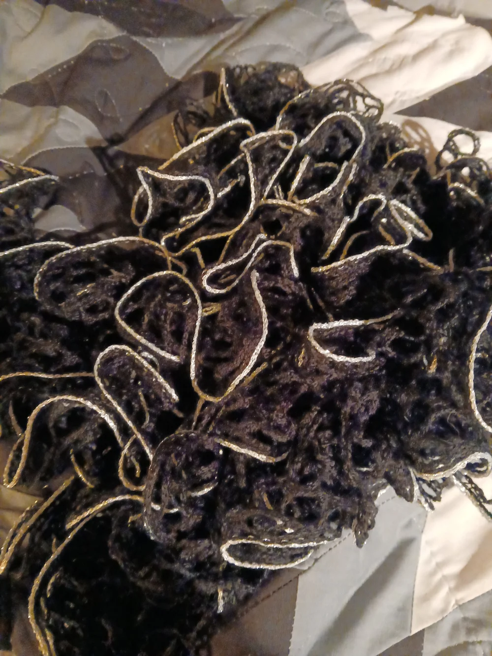 Black Ruffle Knit Scarf with Silver Trim